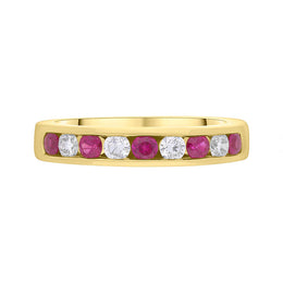 18ct Yellow Gold Ruby Diamond Channel Set Half Eternity Ring