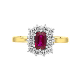 18ct Yellow Gold Ruby Diamond Emerald Cut Cluster Ring FEU-1098_2