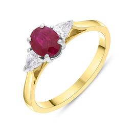 18ct Yellow Gold Ruby Diamond Oval Cut Three Stone Ring FEU-2864