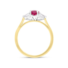 18ct Yellow Gold Ruby Diamond Oval Cut Three Stone Ring
