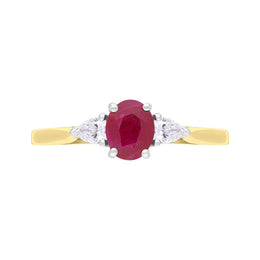 18ct Yellow Gold Ruby Diamond Oval Cut Three Stone Ring