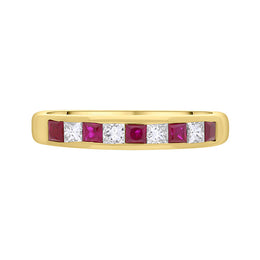 18ct Yellow Gold Ruby Diamond Princess Cut Channel Set Eternity Ring FEU-2811