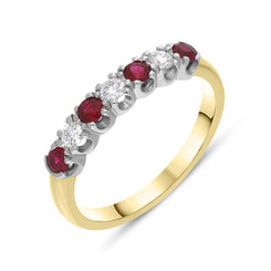 18ct Yellow Gold Ruby Diamond Seven Stone Half Eternity Ring, FEU-1671