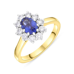 18ct Yellow Gold Sapphire Diamond Cluster Oval Cut Ring FEU-2742