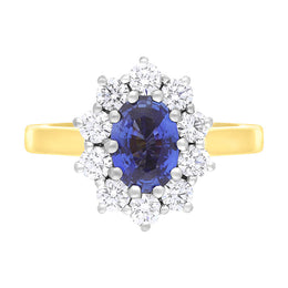 18ct Yellow Gold Sapphire Diamond Cluster Oval Cut Ring