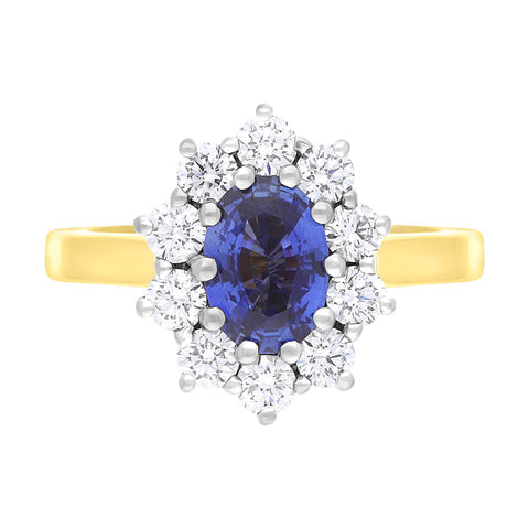 18ct Yellow Gold Sapphire Diamond Cluster Oval Cut Ring