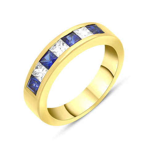 18ct Yellow Gold Sapphire Diamond Princess Cut Channel Set Half Eternity Ring, FEU-2661.