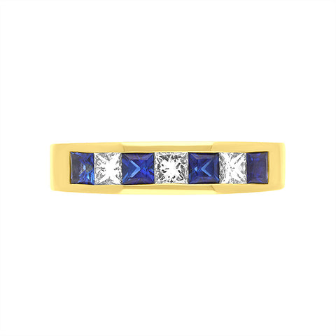 18ct Yellow Gold Sapphire Diamond Princess Cut Channel Set Half Eternity Ring