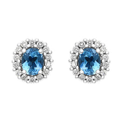 18ct White Gold 0.66ct Aquamarine Diamond Oval Cluster Stud Earrings, FEU-270.