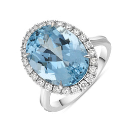 18ct White Gold Aquamarine Diamond Oval Cluster Statement Ring, FEU-2423