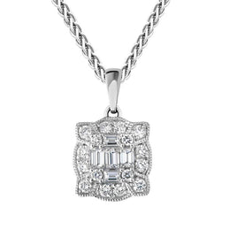 18ct White Gold Diamond Baguette Cut Cluster Pendant, FEU-2376.