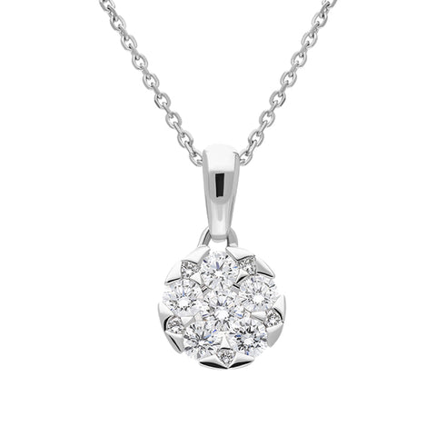 18ct White Gold Diamond Brilliant Cut Round Cluster Necklace, FEU-2524