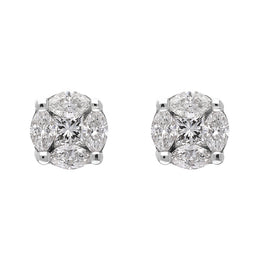 18ct White Gold Diamond Princess and Marquise Cut Cluster Stud Earrings, FEU-111. 