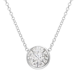 18ct White Gold Diamond Princess and Marquise Cut Round Cluster Necklace, FEU-2522