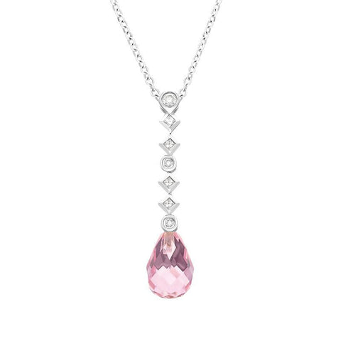 18ct White Gold Rose Quartz Seven Diamond Drop Necklace, PJW126.