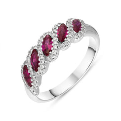 18ct White Gold Ruby Diamond Marquise Half Eternity Ring, FEU-2508