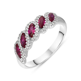 18ct White Gold Ruby Diamond Marquise Half Eternity Ring, FEU-2508