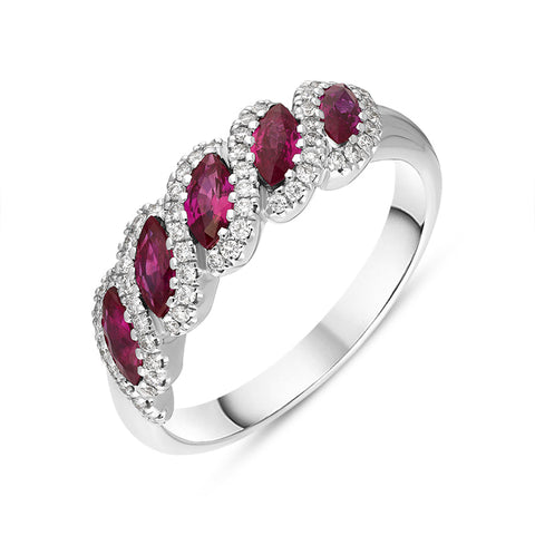 18ct White Gold Ruby Diamond Marquise Half Eternity Ring, FEU-2508