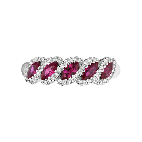 18ct White Gold Ruby Diamond Marquise Half Eternity Ring, FEU-2508_2