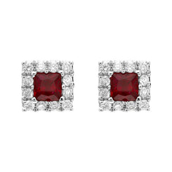18ct White Gold Ruby Diamond Square Cluster Stud Earrings, FEU-2437.