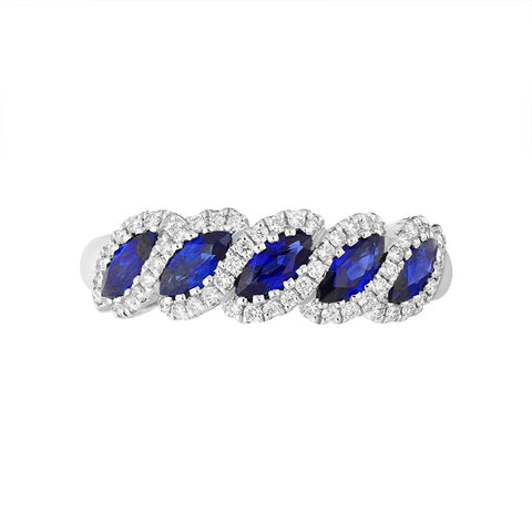 18ct White Gold Sapphire Diamond Marquise Five Stone Half Eternity Ring, FEU-2443_2