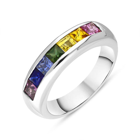 18ct White Gold Sapphire Princess Cut Multicolour Half Eternity Ring, PJW-400
