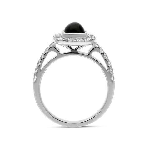 18ct White Gold Whitby Jet 0.58ct Diamond Cushion Ring. R1039.