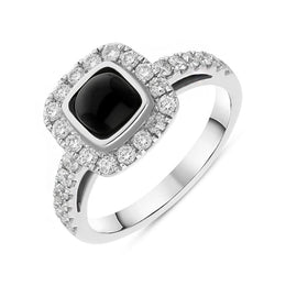 18ct White Gold Whitby Jet 0.58ct Diamond Cushion Ring. R1039.