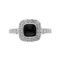 18ct White Gold Whitby Jet 0.58ct Diamond Cushion Ring. R1039.