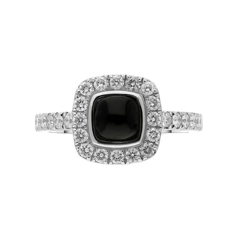 18ct White Gold Whitby Jet 0.58ct Diamond Cushion Ring. R1039.