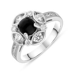 18ct White Gold Whitby Jet 0.72ct Diamond Round Shoulder Ring. R1020.