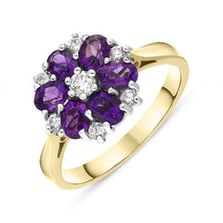 18ct Yellow Gold Amethyst Diamond Oval Cluster Ring, FEU-1138