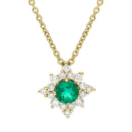18ct Yellow Gold Emerald Diamond Star Cluster Necklace, FEU-2498