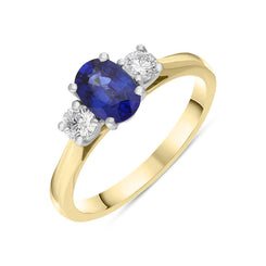 18ct Yellow Gold Sapphire Diamond Three Stone Ring, FEU-2448