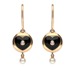 18ct Rose Gold Whitby Jet Diamond Pearl Heart Drop Earrings, E2289.