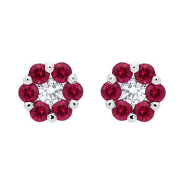 18ct White Gold 0.41ct Ruby Diamond Floral Cluster Earrings, FEU-1209.