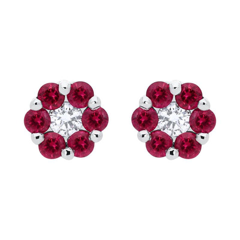 18ct White Gold 0.41ct Ruby Diamond Floral Cluster Earrings, FEU-1209.