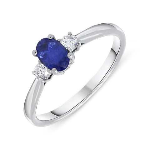 18ct White Gold 0.48ct Sapphire Diamond Oval Trilogy Ring, FEU-951.