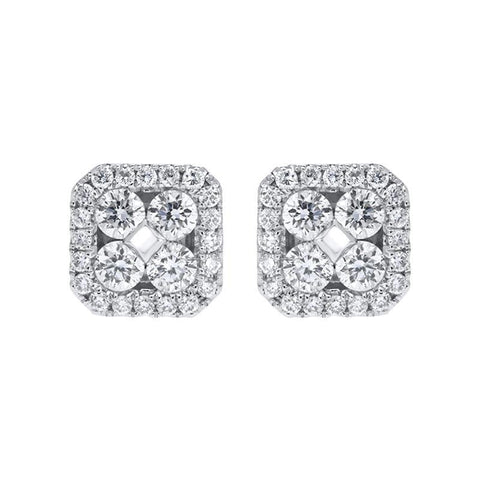 18ct White Gold 0.50ct Diamond Cushion Cluster Stud Earrings, FEU-108.