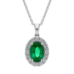 18ct White Gold 0.75ct Emerald Diamond Oval Necklace, FEU-1791.