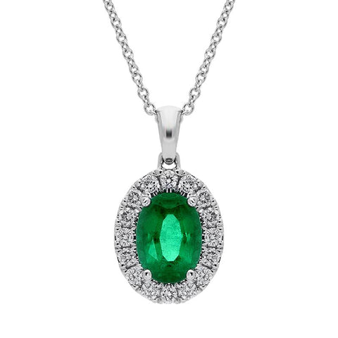 18ct White Gold 0.75ct Emerald Diamond Oval Necklace, FEU-1791.