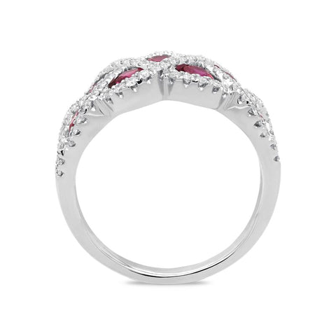 18ct White Gold 0.86ct Ruby Diamond Lattice Ring, FEU-1793.