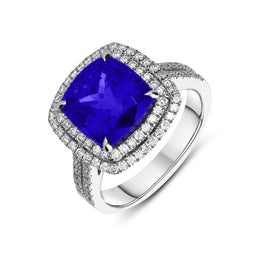 18ct White Gold 6.84ct Tanzanite and Diamond Solitaire Ring. FEU-980.