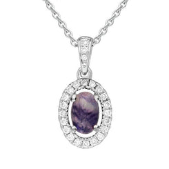 18ct White Gold Blue John 0.10ct Diamond Set Oval Necklace