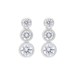 18ct white gold trilogy earrings featuring three diamonds, with the center diamond weighing 0.42 carats. The earrings showcase a classic design, highlighting the brilliance of the diamonds set in a polished white gold setting.
