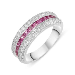 18ct White Gold Diamond Pink Sapphire Three Row Ring, PJW-204.