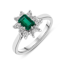 18ct White Gold Emerald Diamond Baguette Cut Cluster Ring, FEU-970.