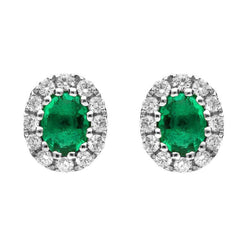 18ct White Gold Emerald and Diamond Oval Stud Earrings