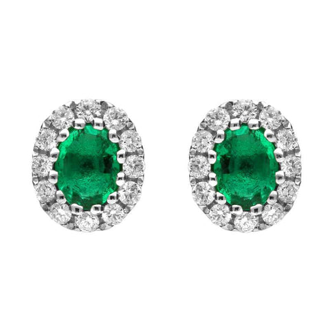 18ct White Gold Emerald and Diamond Oval Stud Earrings