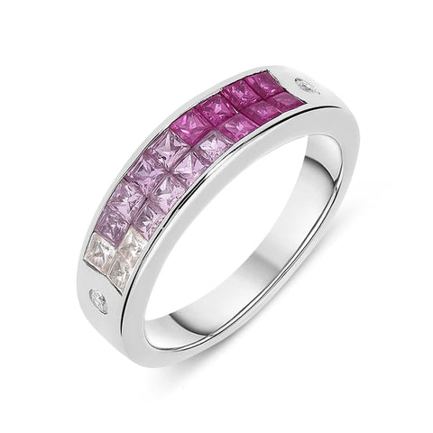 18ct White Gold Graduating Pink Sapphire Diamond Princess Cut Ring, PJW-207.